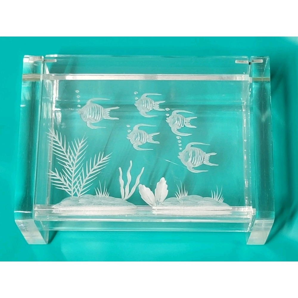 Acrylic Jewelry,โ Trinket Box w/ Reverse Etched Aquarium Scene Fish Design